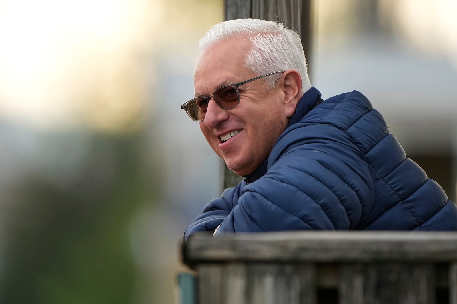 Trainer Todd Pletcher watches a workout at Churchill Downs Monday, April 28, 2025, in Louisville, Ky. (AP Photo/Charlie Riedel)