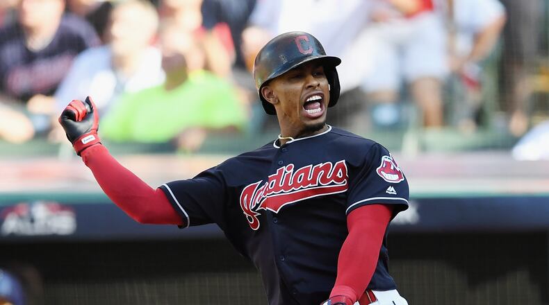 CLEVELAND, OH - OCTOBER 08: Francisco Lindor #12 of the Cleveland Indians reacts after hitting a solo home run in the fifth inning against the Houston Astros during Game Three of the American League Division Series at Progressive Field on October 8, 2018 in Cleveland, Ohio. (Photo by Jason Miller/Getty Images)