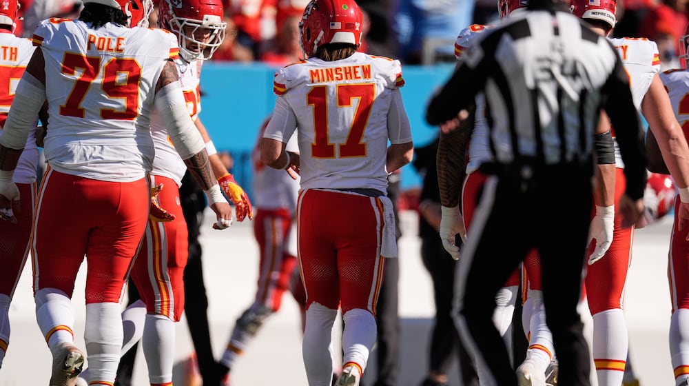 Kansas City Chiefs quarterback Gardner Minshew (17) limps off the field during the first half of an NFL football game against the Tennessee Titans, Sunday, Dec. 21, 2025, in Nashville, Tenn. (AP Photo/George Walker IV)