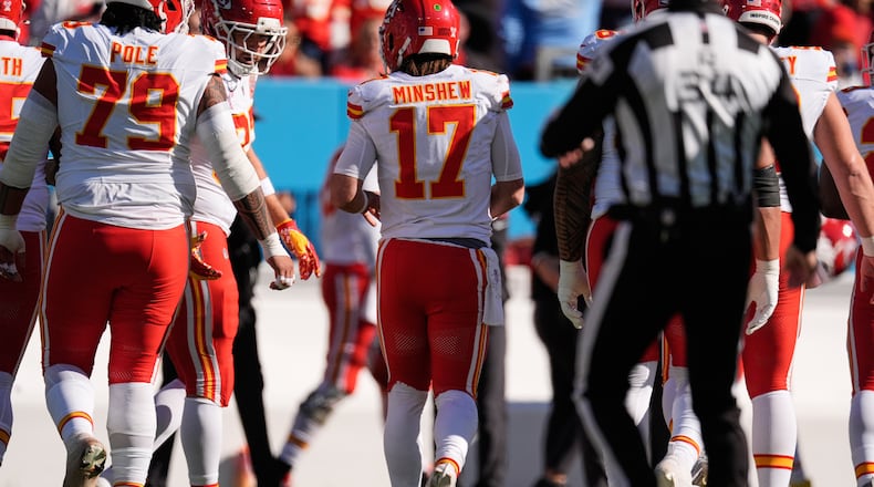 Kansas City Chiefs quarterback Gardner Minshew (17) limps off the field during the first half of an NFL football game against the Tennessee Titans, Sunday, Dec. 21, 2025, in Nashville, Tenn. (AP Photo/George Walker IV)