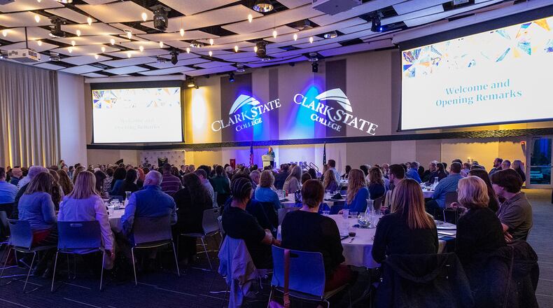 Clark State College President Jo Alice Blondin speaking at the 62nd Charter Night on Feb. 27 at the Hollenbeck Bayley Creative Arts and Conference Center in downtown Springfield. Contributed