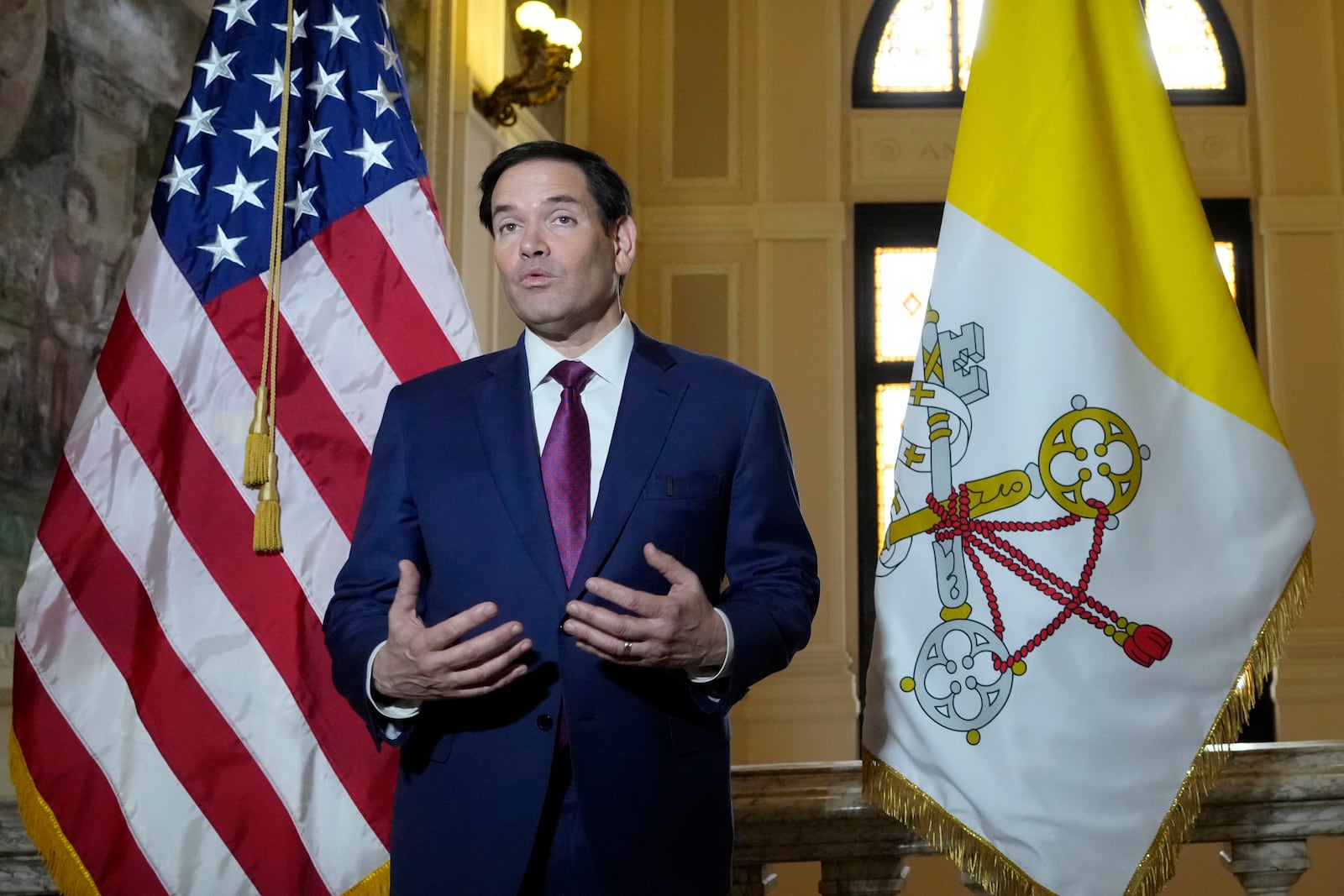 Secretary of State Marco Rubio, speaks to the media during a meeting with President of the Conference of Italian Bishops, Cardinal Matteo Zuppi at the U.S. Embassy to the Holy See in Rome, Saturday, May 17, 2025. (AP Photo/Gregorio Borgia)
