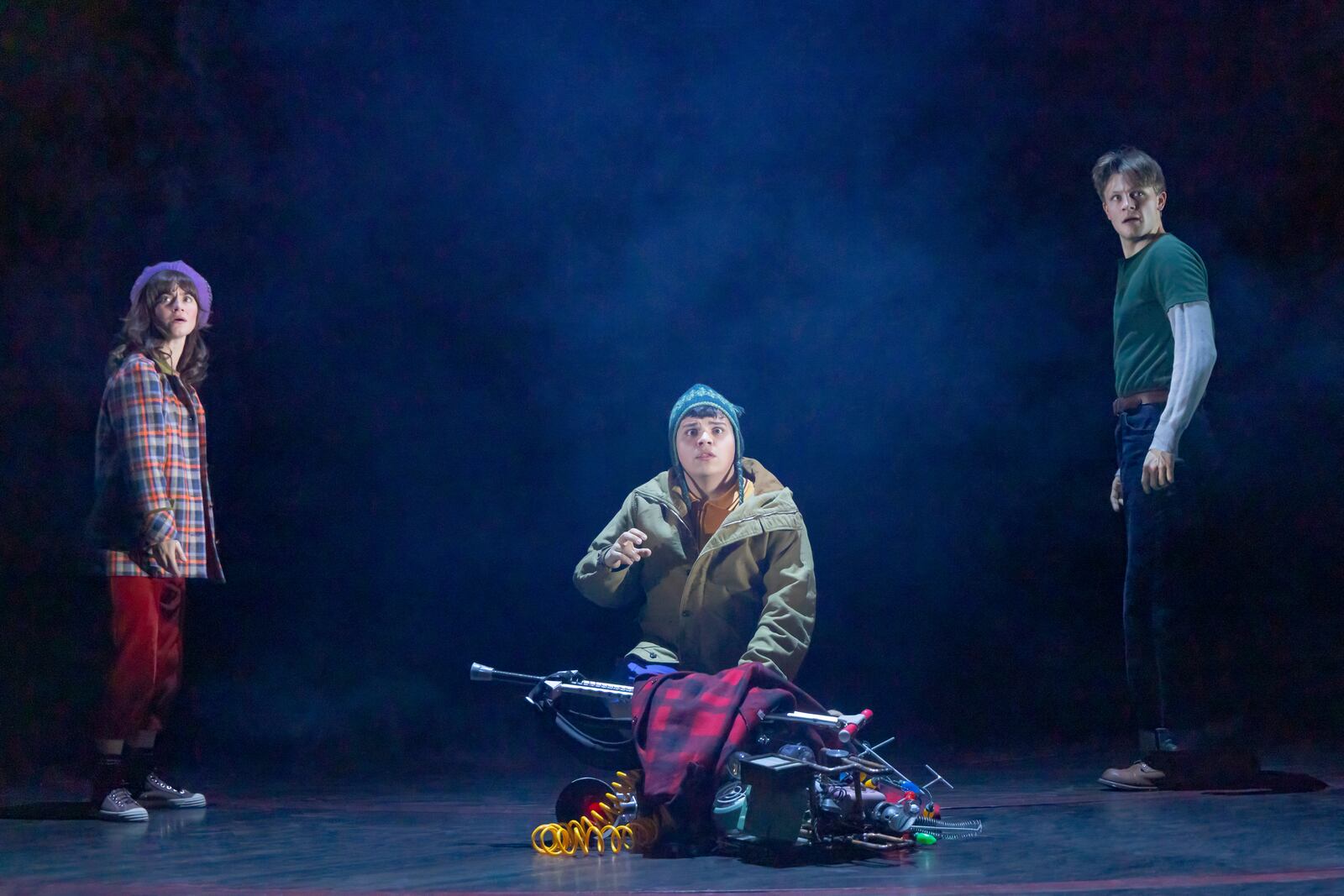 This image released by Polk & Co. shows Alison Jaye, Juan Carlos and Burke Swanson during a performance of "Stranger Things: The First Shadow." (Matthew Murphy and Evan Zimmerman/Polk & Co. via AP)