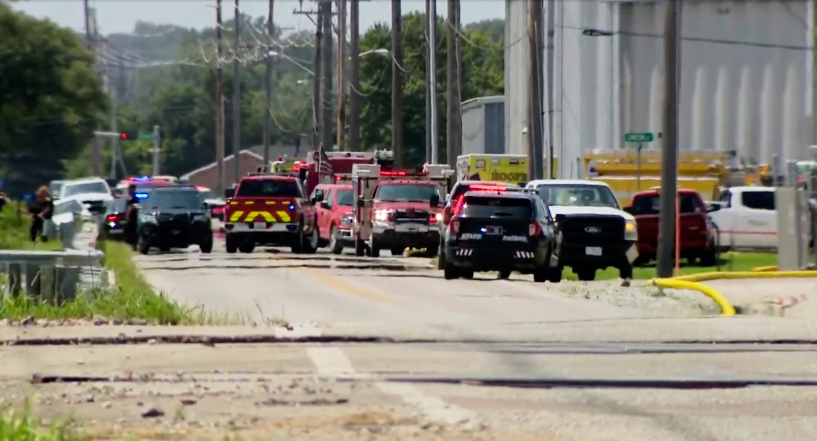 In this image taken from video provided by KETV, police and firefighters respond to the scene of an explosion in Fremont, Neb., Tuesday, July 29, 2025. (KETV via AP)