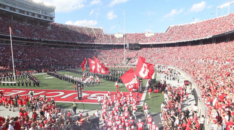 Ohio State players take the field before a game against Indiana on Saturday, Oct. 6, 2018, at Ohio Stadium in Columbus. David Jablonski/Staff