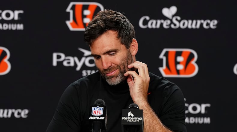 Cincinnati Bengals quarterback Joe Flacco (16) speaks after his team's loss to the Chicago Bears in an NFL football game, Sunday, Nov. 2, 2025, in Cincinnati. (AP Photo/Jeff Dean)