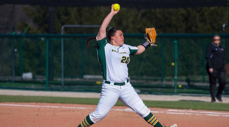 Wright State’s Olivia Otani fires a pitch plateward against Northern Kentucky on April 2, 2019. Joseph Craven/CONTRIBUTED