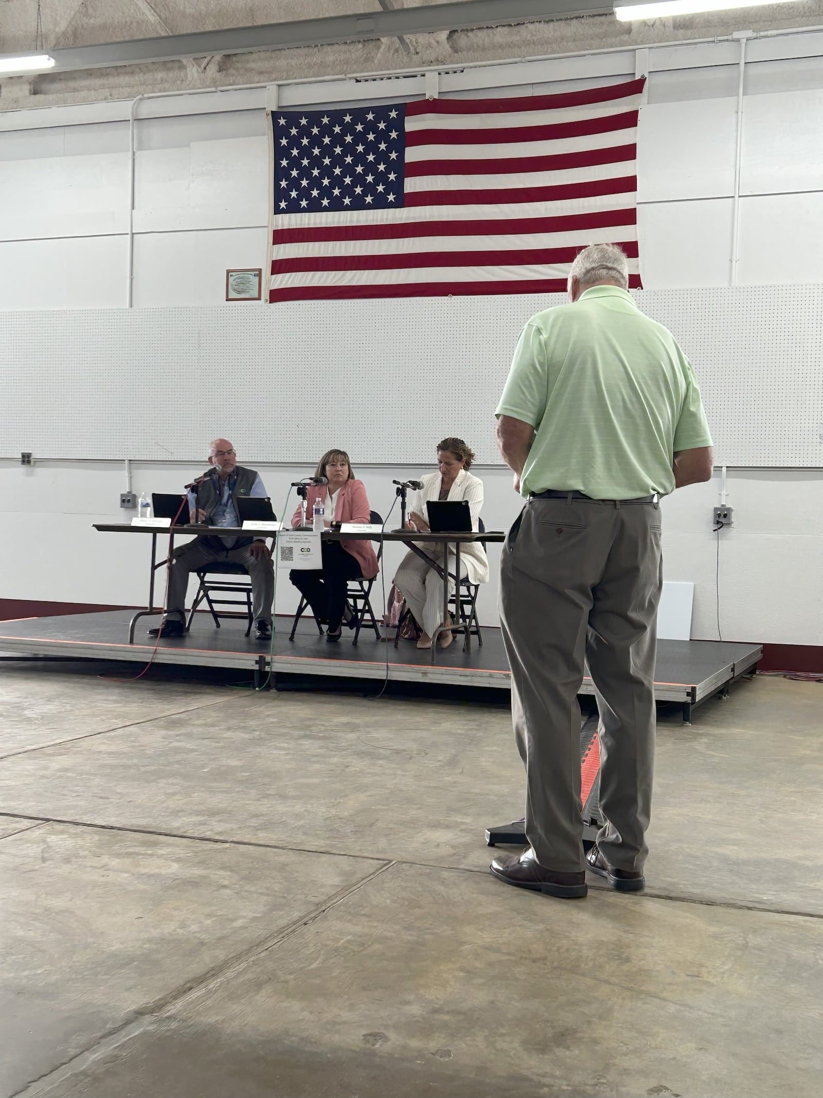 Tim Foley, Springfield Twp. trustee, spoke to Clark County Commissioners (left to right) Charles Patterson, President Sasha Rittenhouse and Melanie Flax Wilt during the Sept. 3 public hearing, which was about designating proposed restricted areas for all large wind farm, large solar farm or economically significant wind farm facility developments. Brooke Spurlock/Staff