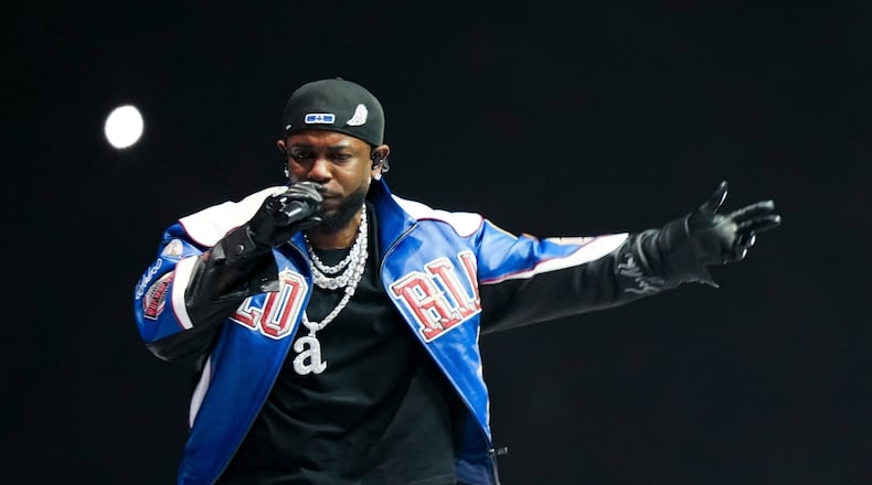 FILE - Kendrick Lamar performs during halftime of the NFL Super Bowl 59 football game between the Kansas City Chiefs and the Philadelphia Eagles in New Orleans, Feb. 9, 2025. (AP Photo/Matt Slocum, File)