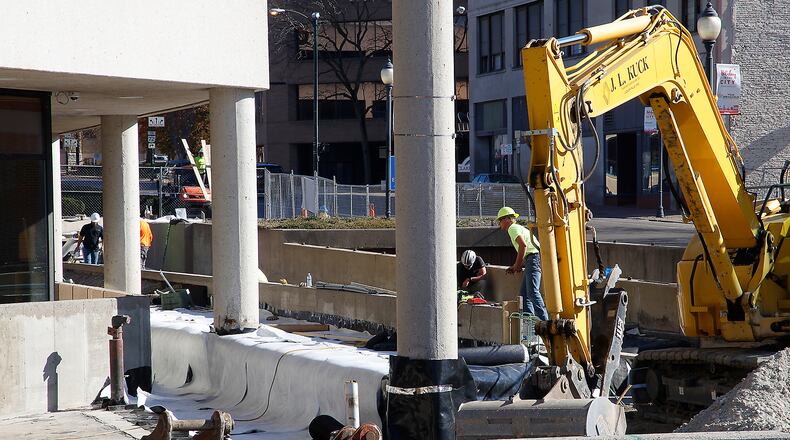 Construction on the City Hall Plaza refresh continues Thursday, Nov. 16, 2023. BILL LACKEY/STAFF