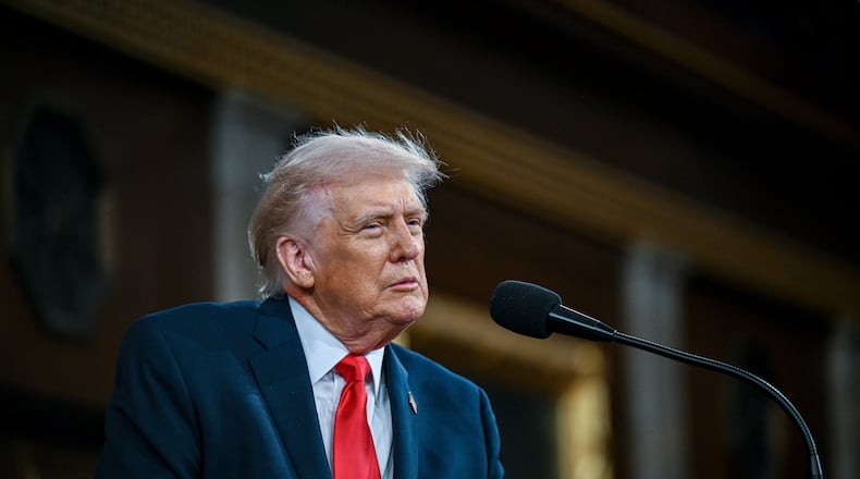 President Donald Trump delivers the State of the Union address to a joint session of Congress in the House chamber at the U.S. Capitol in Washington, Tuesday, Feb. 24, 2026. (Kenny Holston/The New York Times via AP, Pool)