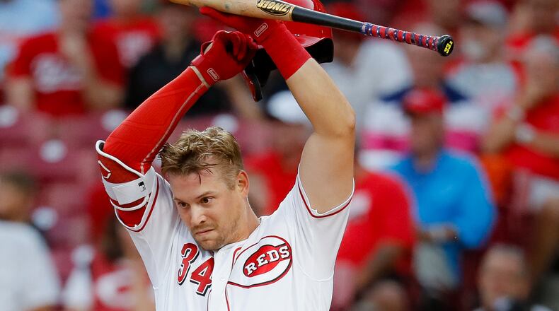 Cincinnati Reds’ Brian O’Grady reacts as he faces San Diego Padres starting pitcher Cal Quantrill durong the second inning of a baseball game Tuesday, Aug. 20, 2019, in Cincinnati. (AP Photo/John Minchillo)
