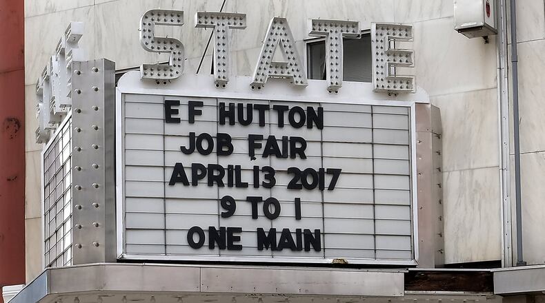 EF Hutton posted information about their job fair on the State Theater marquee. Bill Lackey/Staff