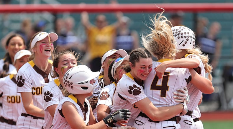 The Kenton Ridge High School softball team beat Lexington 4-3 in a Division IV state semifinal game on Wednesday, June 4 at Akron's Firestone Stadium. The Cougars beat Hillsboro 9-0 the next day to claim the first state softball title in Clark County history, finishing a perfect 32-0 season. MICHAEL COOPER / STAFF