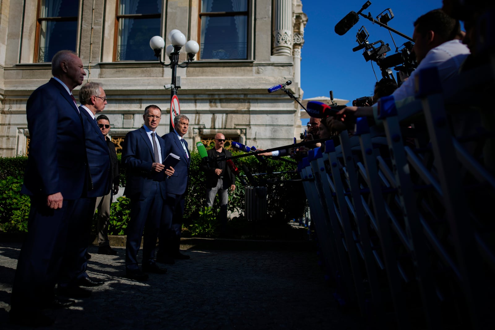 FILE - Vladimir Medinsky, center, head of the Russian delegation, speaks to the media at the Ciragan Palace following the Ukraine-Russia peace talks in Istanbul, Turkey, on Monday, June 2, 2025. (AP Photo/Emrah Gurel, File)