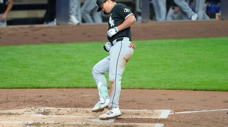 Chicago White Sox's Munetaka Murakami scores on a home run during the second inning of a baseball game against the Milwaukee Brewers, Sunday, March 29, 2026, in Milwaukee. (AP Photo/Kayla Wolf)