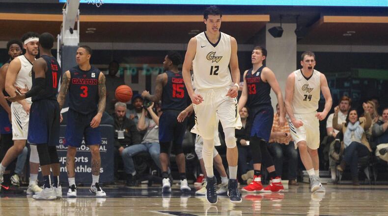 George Washington's Yuta Watanabe celebrates after a basket against Dayton in the second half on March 4, 2017, at the Smith Center in Washington, D.C.