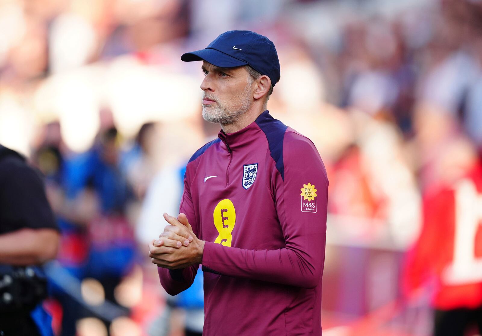 England manager Thomas Tuchel watches from the sideline before an international friendly match against Senegal at The City Ground in Nottingham, England, Tuesday, June 10, 2025. (Mike Egerton/PA via AP)