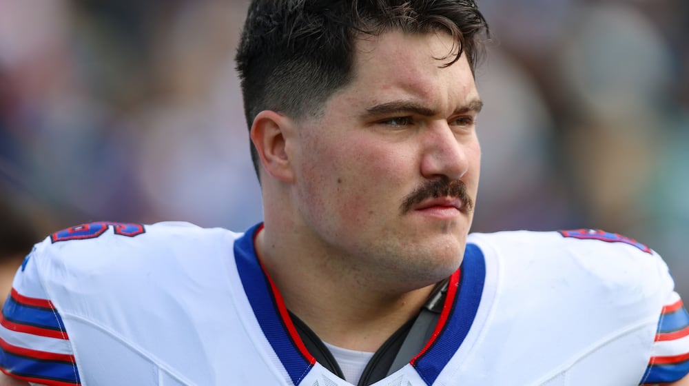 FILE - Buffalo Bills center Connor McGovern (66) walks the sideline before facing the Jacksonville Jaguars in an NFL wild card playoff football game, Sunday, Jan. 11, 2026, in Jacksonville, Fla. The Bills defeated the Jaguars 27-24. (AP Photo/Gary McCullough, File)