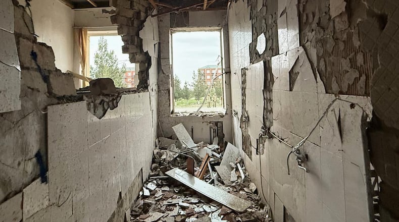 This image shows damages of a school in Julfa following, what Azerbaijan's Foreign Ministry says was a drone attack carried out by Iran, on its exclave of Nakhchivan, Azerbaijan, Thursday, March 5, 2026. (AP Photo)