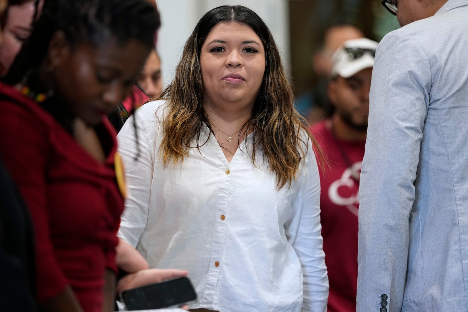 Jennifer Vasquez Sura, wife of Kilmar Abrego Garcia attends a news conference Wednesday, June 25, 2025, in Nashville, Tenn. (AP Photo/George Walker IV)