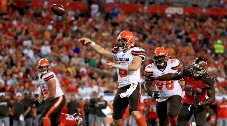 TAMPA, FLORIDA - AUGUST 23: Baker Mayfield #6 of the Cleveland Browns passes during a preseason game against the Tampa Bay Buccaneers at Raymond James Stadium on August 23, 2019 in Tampa, Florida. (Photo by Mike Ehrmann/Getty Images)