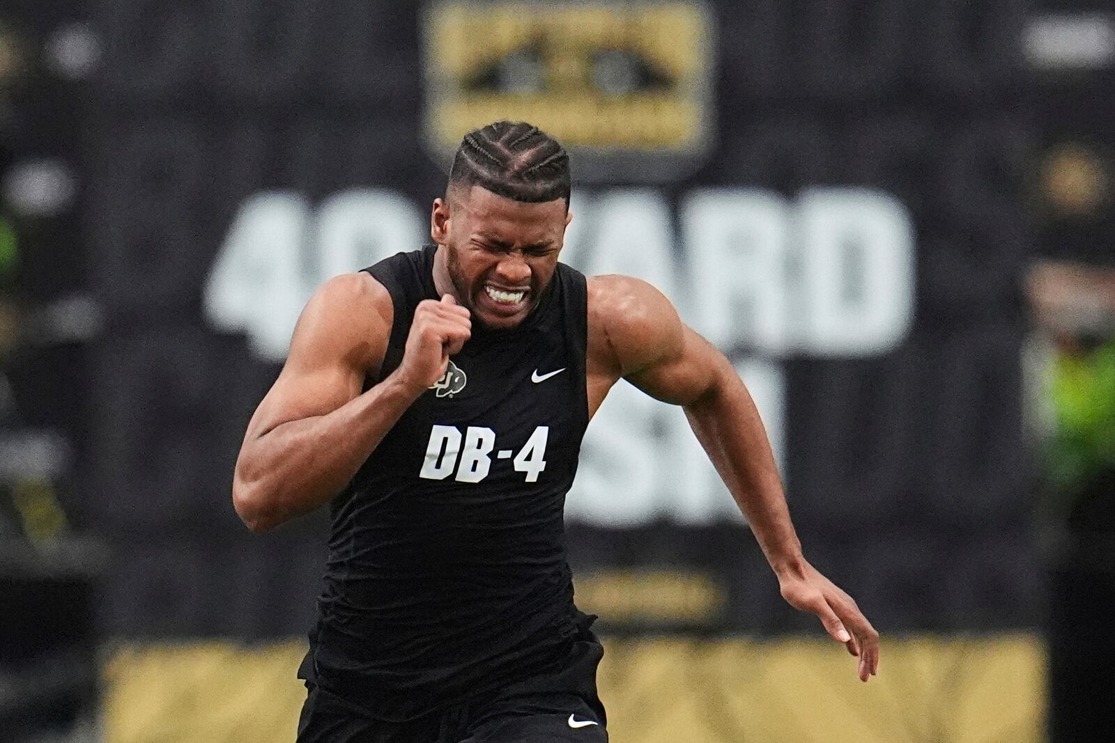 Colorado safety Shilo Sanders takes part in the 40-yard dash during Colorado's NFL football pro day Friday, April 4, 2025, in Boulder, Colo. (AP Photo/David Zalubowski)