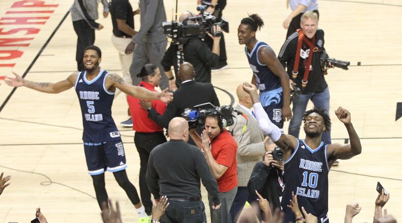 Rhode Island celebrates a victory against Virginia Commonwealth in the quarterfinals of the Atlantic 10 tournament on Friday, March 15, 2019, at the Barclays Center in Brooklyn, N.Y. David Jablonski/Staff