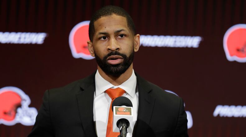 FILE - In this Feb. 5, 2020, file photo, Cleveland Browns general manager Andrew Berry speaks during a news conference at the NFL football team’s training camp facility in Berea, Ohio. Berry’s first draft as Browns general manager was undeniably unique and unforgettable. It is way too early to know if it was successful. (AP Photo/Tony Dejak, File)
