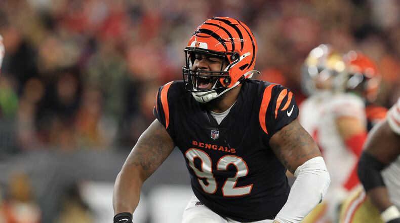 Cincinnati Bengals' B.J. Hill reacts after a tackle during the second half of an NFL football game against the San Francisco 49ers, Sunday, Dec. 12, 2021, in Cincinnati. (AP Photo/Aaron Doster)