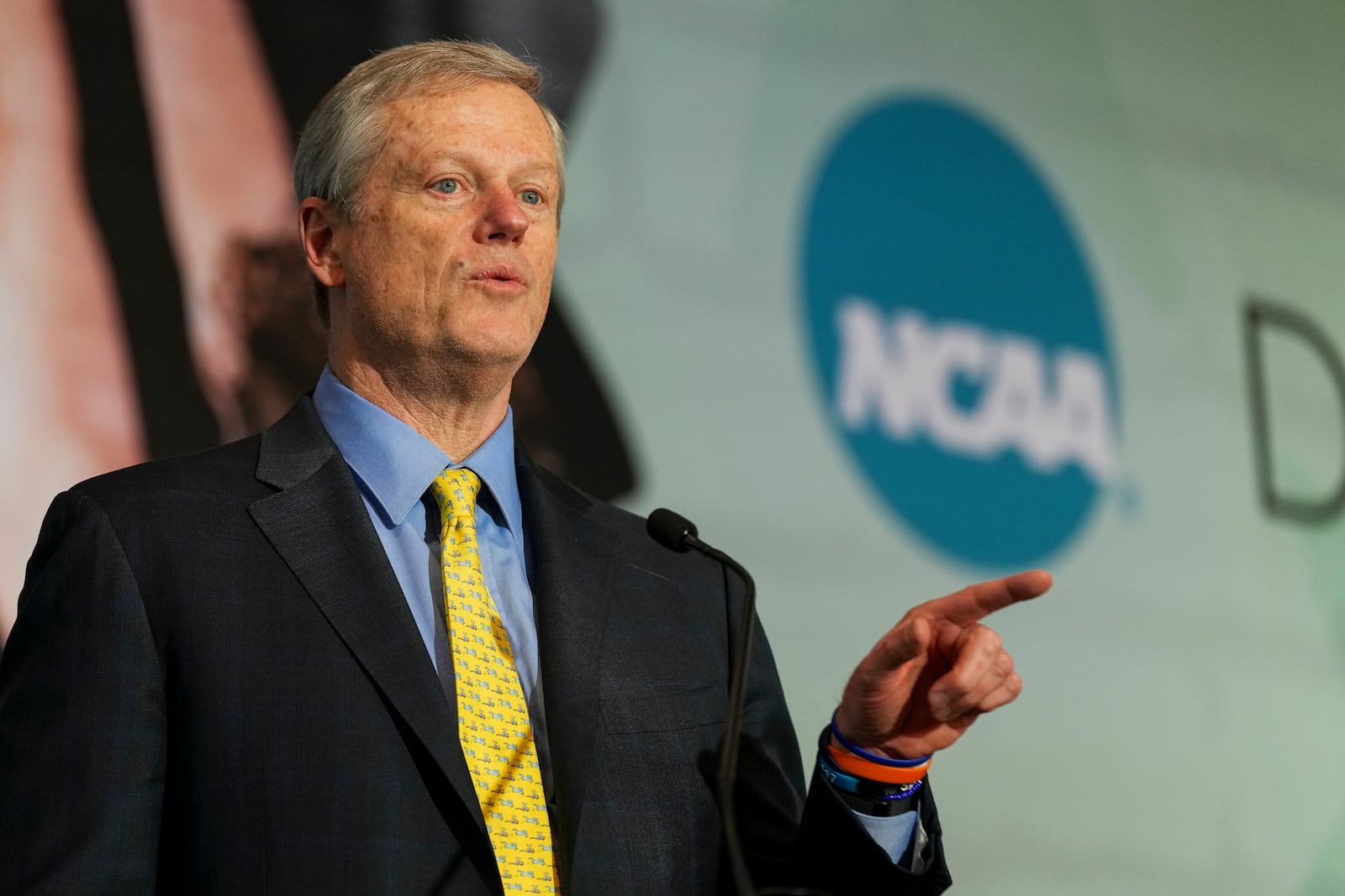 FILE - NCAA President Charlie Baker speaks during the organizations Division I Business Session at their annual convention, Jan. 15, 2025, in Nashville, Tenn. (AP Photo/George Walker IV,File)