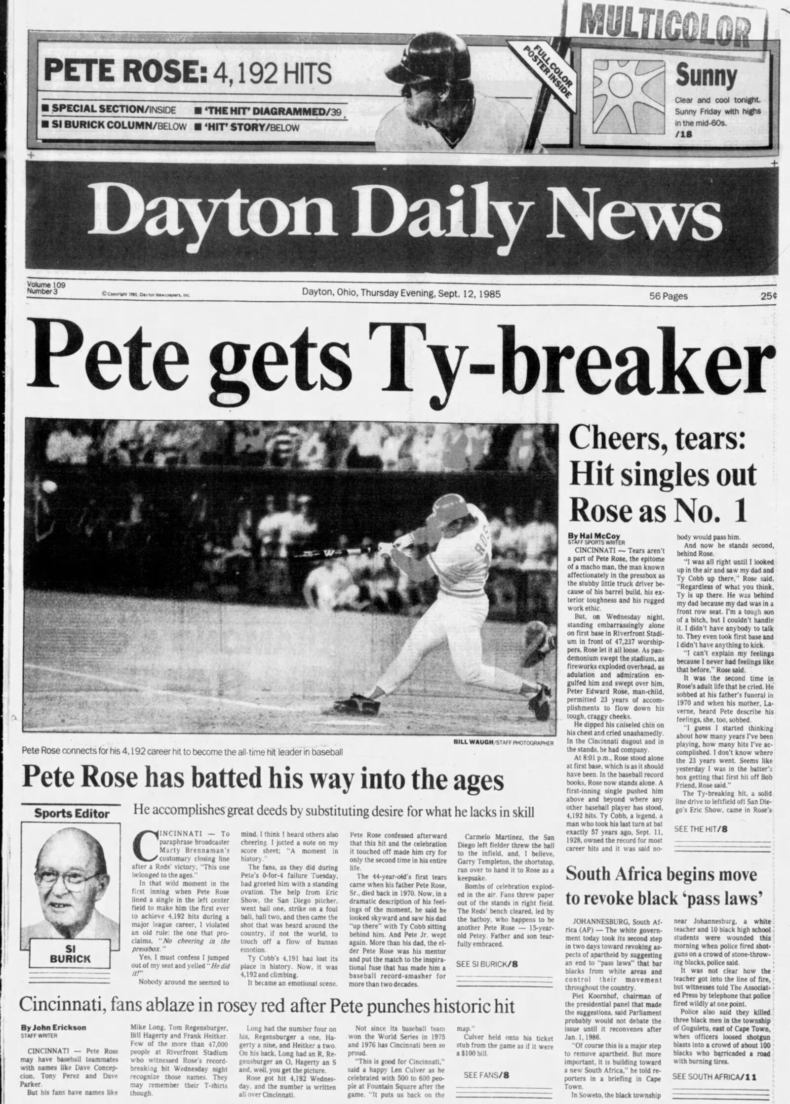 Sept. 11, 1985 – Pete Rose becomes baseball’s all-time hits leader with a single off San Diego’s Eric Show for career hit No. 4,192. DAYTON DAILY NEWS ARCHIVES