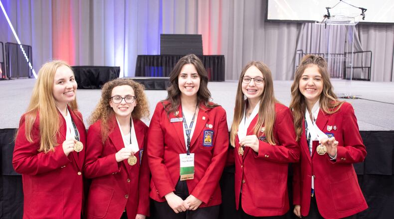 Springfield-Clark CTC students attended the SkillsUSA State Championships. The students going to nationals are: (from left to right) Carolyn Harrington, Logan Smith, Tehya Maxwell, Ashlyn (Bethani) Gayheart and Trinity Ridgeway. Contributed