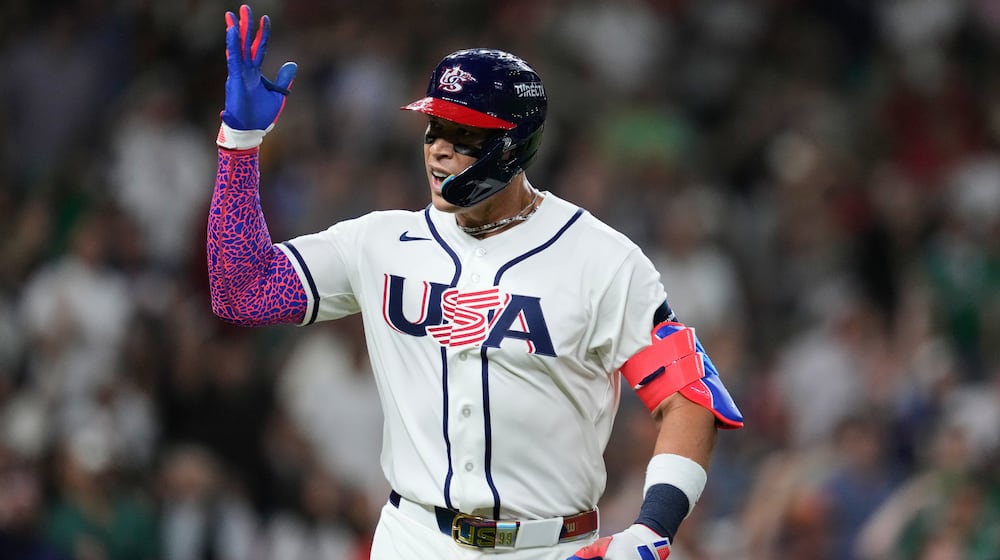 United States' Aaron Judge celebrates after hitting a two-run home run during the third inning of a World Baseball Classic game against Mexico, Monday, March 9, 2026, in Houston. (AP Photo/Ashley Landis)