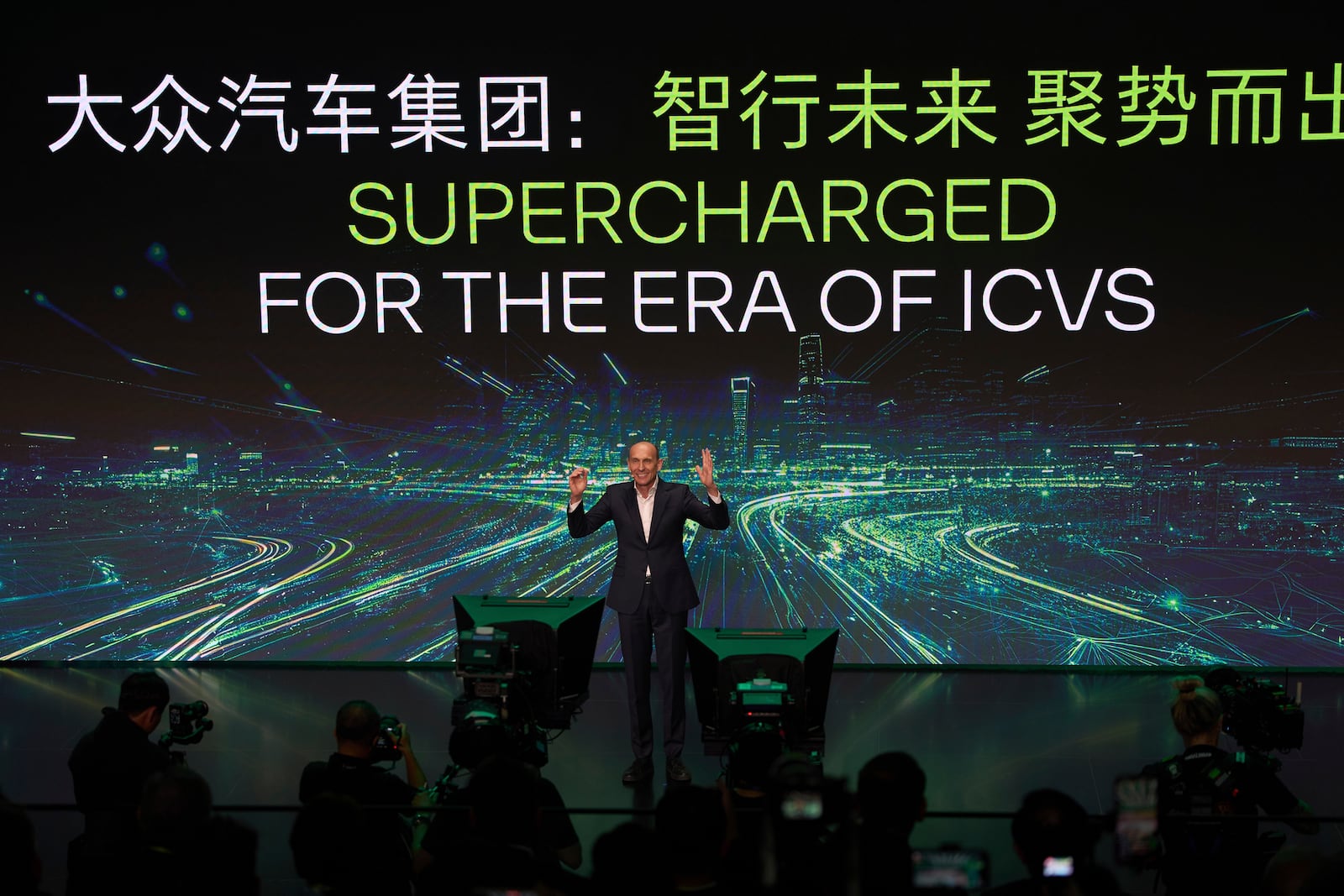 Ralf Brandstatter, Chairman and CEO of Volkswagen Group China, speaks during the media night ahead of the Auto Show in Shanghai, Tuesday, April 22, 2025. (AP Photo/Ng Han Guan)