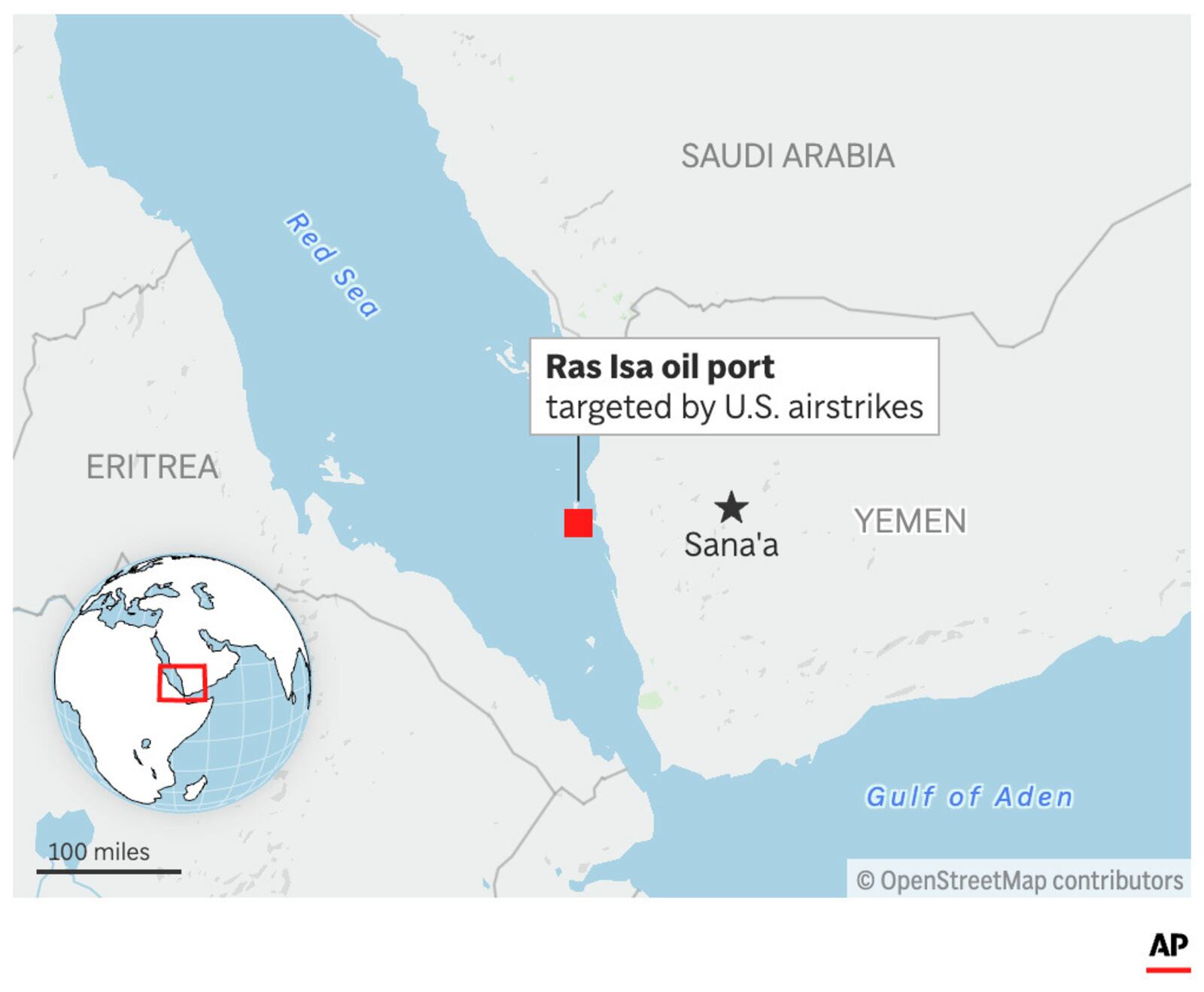 The map above locates the oil port of Ras Isa in Yemen. (AP Graphic)