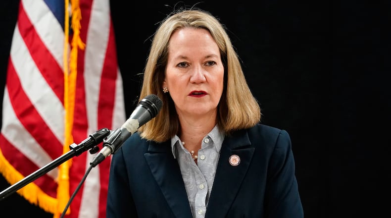 FILE - Arizona Attorney General Kris Mayes speaks at the Arizona State Prison, March 19, 2025, in Florence, Ariz. (AP Photo/Darryl Webb, File)