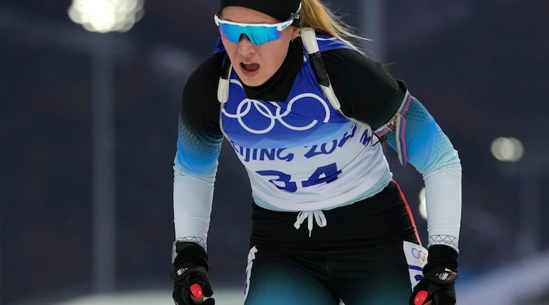 FILE - Ukaleq Astri Slettemark of Denmark skis during the women's 7.5-kilometer sprint competition at the 2022 Winter Olympics, Feb. 11, 2022, in Zhangjiakou, China. (AP Photo/Kirsty Wigglesworth, File)
