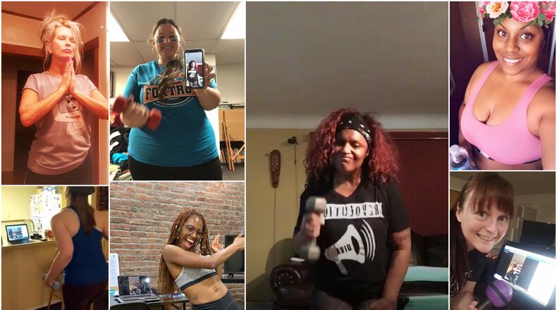 Kettering Zumba instructor Yvette "Diva" Williams ( pictured center right) teaches a nightly class on Facebook Live. Her photo is flaked by photos of her students taking the class.