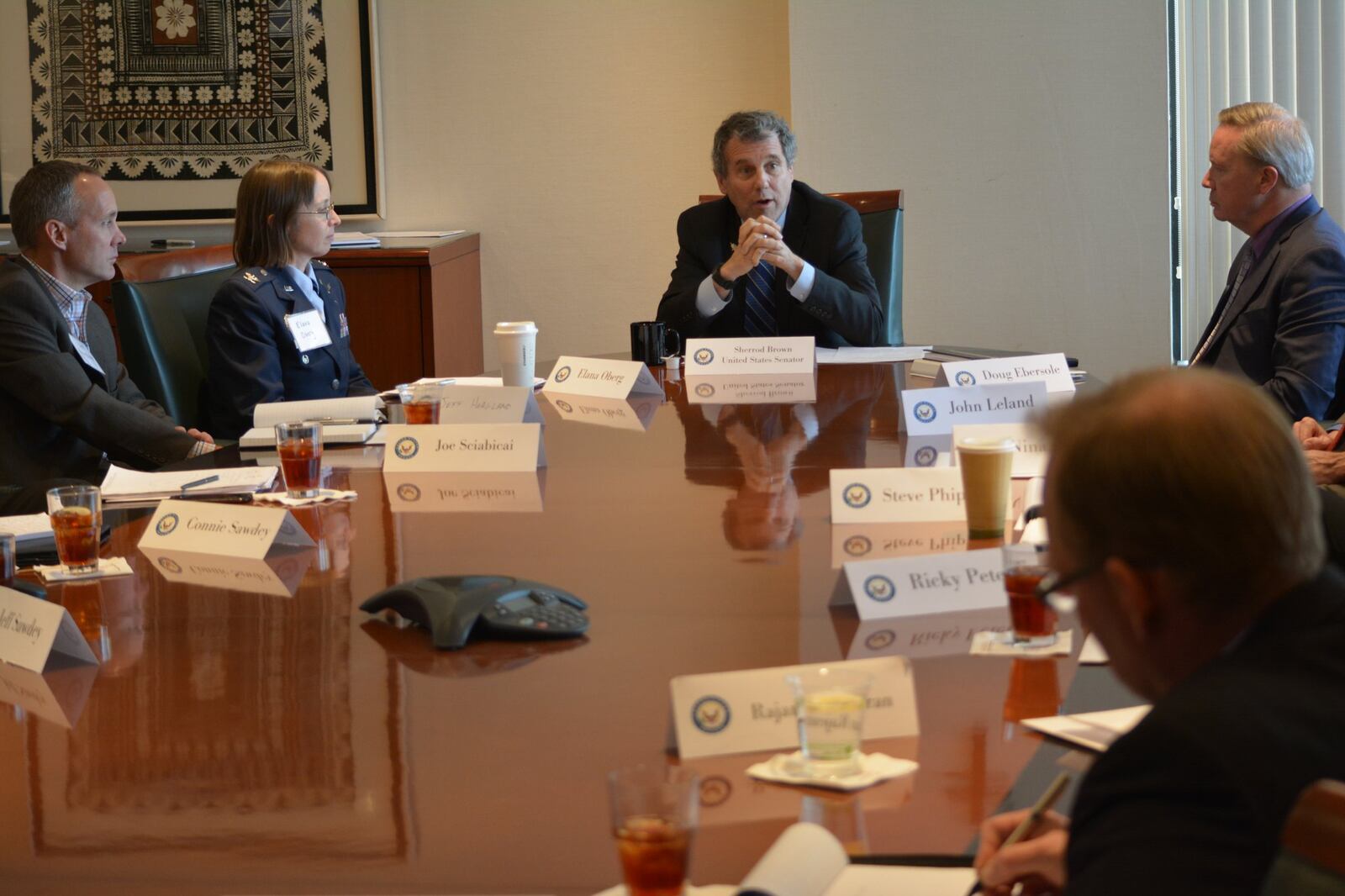 Ohio Sen, Sherrod Brown met with tech start-up and military leaders Friday, Jan. 6, 2017, in a round-table forum at the University of Dayton Research Institute. JIM OTTE / STAFF