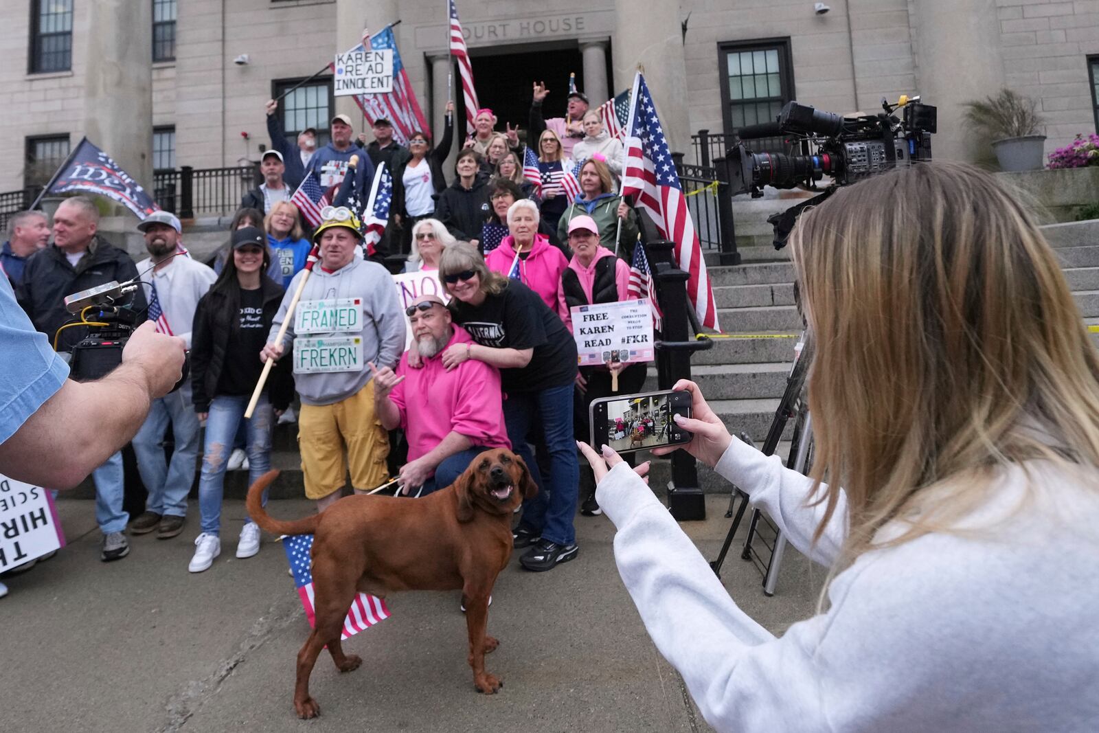 Supporters of Karen Read gather on the steps at Norfolk Superior Court prior to Read's trial, Tuesday, April 22, 2025, in Dedham, Mass. (AP Photo/Charles Krupa)