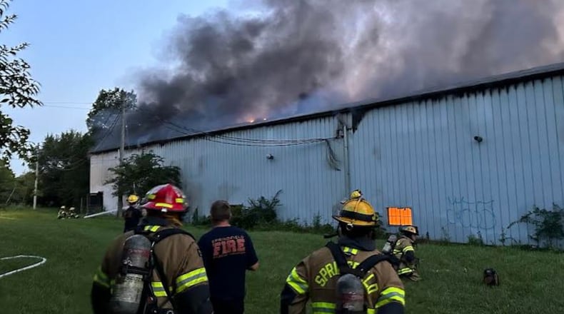 Firefighters battled a heavy fire at 801 Burt St. just after 5 a.m. on Sunday at large abandoned multi-building industrial complex. Contributed/Springfield Rescue Fire Division