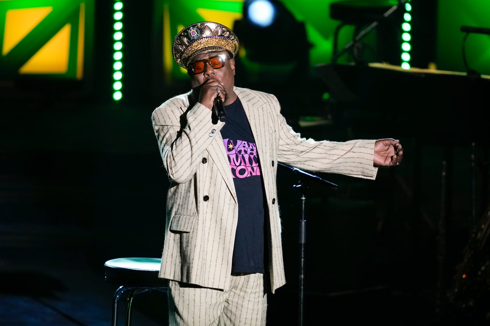 George Clinton performs during the 54th annual Songwriters Hall of Fame induction and awards gala on Thursday, June 12, 2025, at the Marriott Marquis Hotel in New York. (Photo by Charles Sykes/Invision/AP)