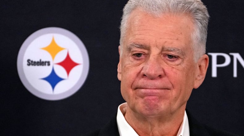 Pittsburgh Steelers owner Art Rooney II meets with reporters Wednesday, Jan. 14, 2026 in Pittsburgh. (AP Photo/Gene J. Puskar)