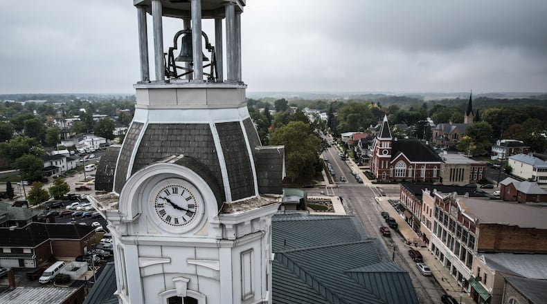 Greenville is the county seat with a bell and clock tower above the courthouse. JIM NOELKER/STAFF