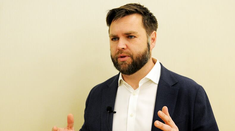 U.S. Sen. J.D. Vance, who at the time of this photo was a candidate running for senate, addressed the Dayton chamber forum Monday Oct. 31, 2022 at the CareSource, Pamela Morris Center. MARSHALL GORBY\STAFF