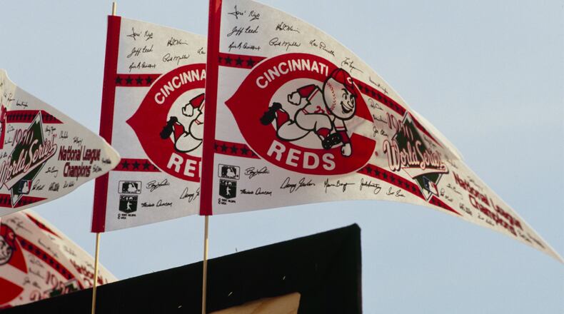 CINCINNATI - OCTOBER 1990: Cincinnati Reds pennants are shown during the 1990 World Series against the Oakland Athletics at Riverfront Stadium in October 1990 in Cincinnati, Ohio. (Photo by Jonathan Daniel/Getty Images)