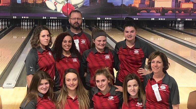 The Greenon High School girls bowling team. Front row: Mikayla Blair, Jada Jones, Taylor Blanton, Mackenzie Blair, asst. coach Jeri Flemming. Back row: Kay Devore, Haven Davis, Lacey Webb, Makenzie Gossett. Coach Josh Gossett in the back. CONTRIBUTED
