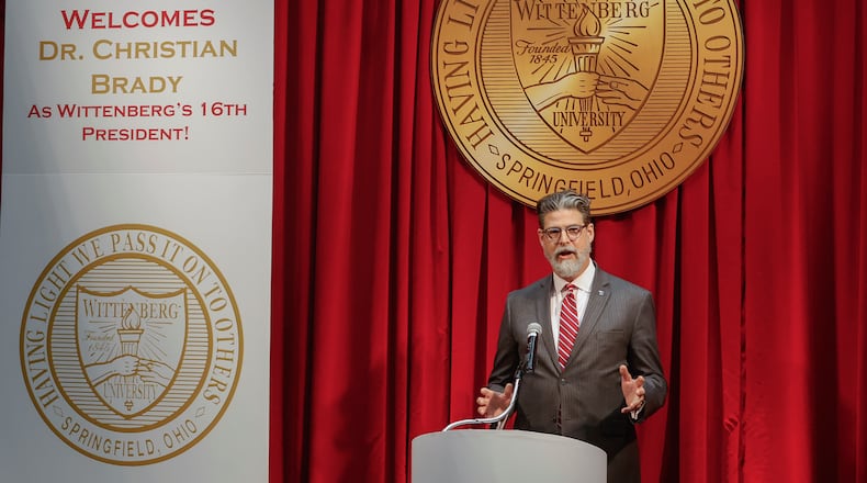 Christian M. M. Brady speaks during an event where he was announced as the 16th president as the new president on Friday, May 9, 2025, at Wittenberg University. JOSEPH COOKE/STAFF