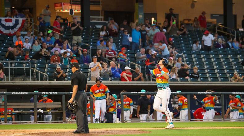 Seth Gray crosses home plate after hitting a home run for the Wichita Wind Surge during the 2023 season. Photo courtesy of Wind Surge